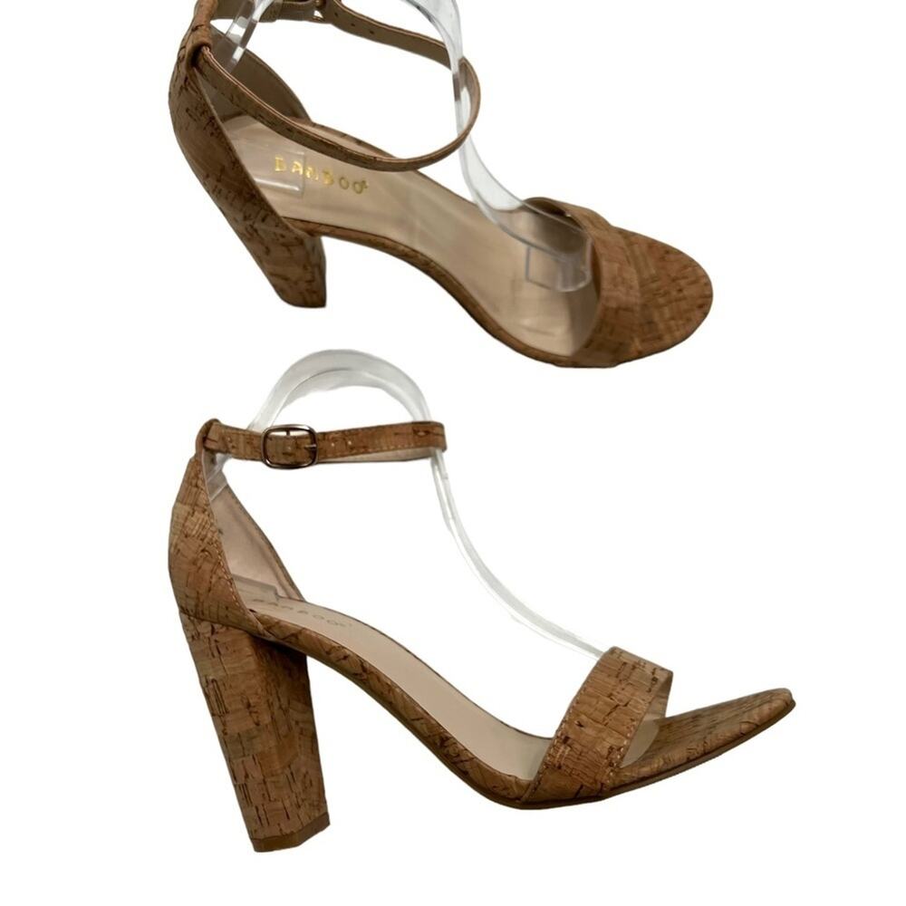 Bamboo CorkTexture Finish Block High Heel Tan Sandals Women's Size 10